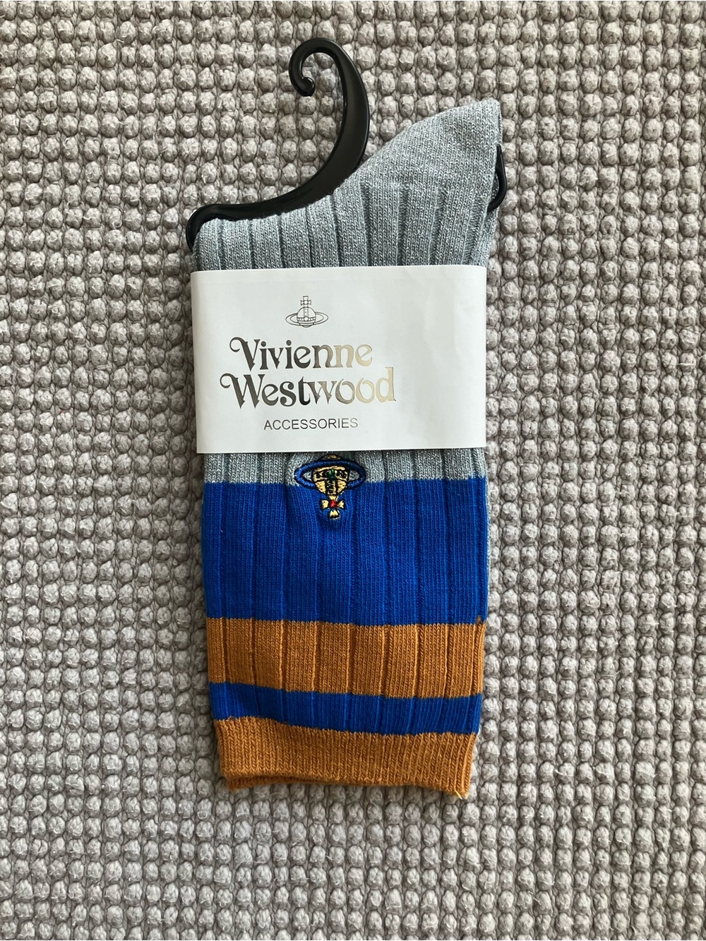 Vivienne Westwood Grey Blue and Gold Striped Logo Socks